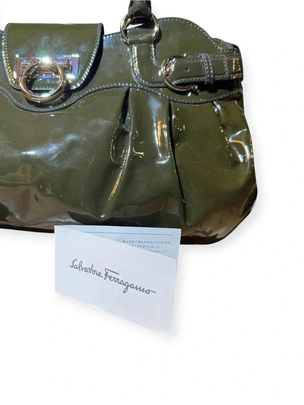 Salvatore Ferragamo Olive Green Patent Leather Marisa Gancini Satchel Auth